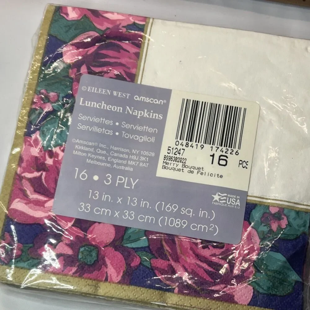Y2K 1990s  Amscan Bouquet Luncheon Napkins 16 Pack 3 Ply Floral Pink Purple